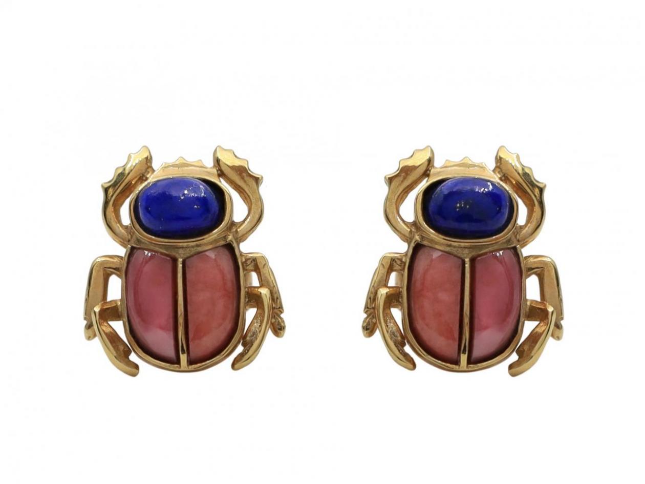 vintage scarab beetle earrings, rhodochrosite and lapis lazuli