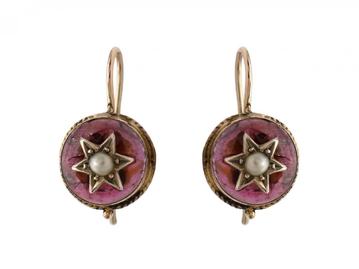 Victorian garnet carbuncle and natural pearl drop earrings yellow gold