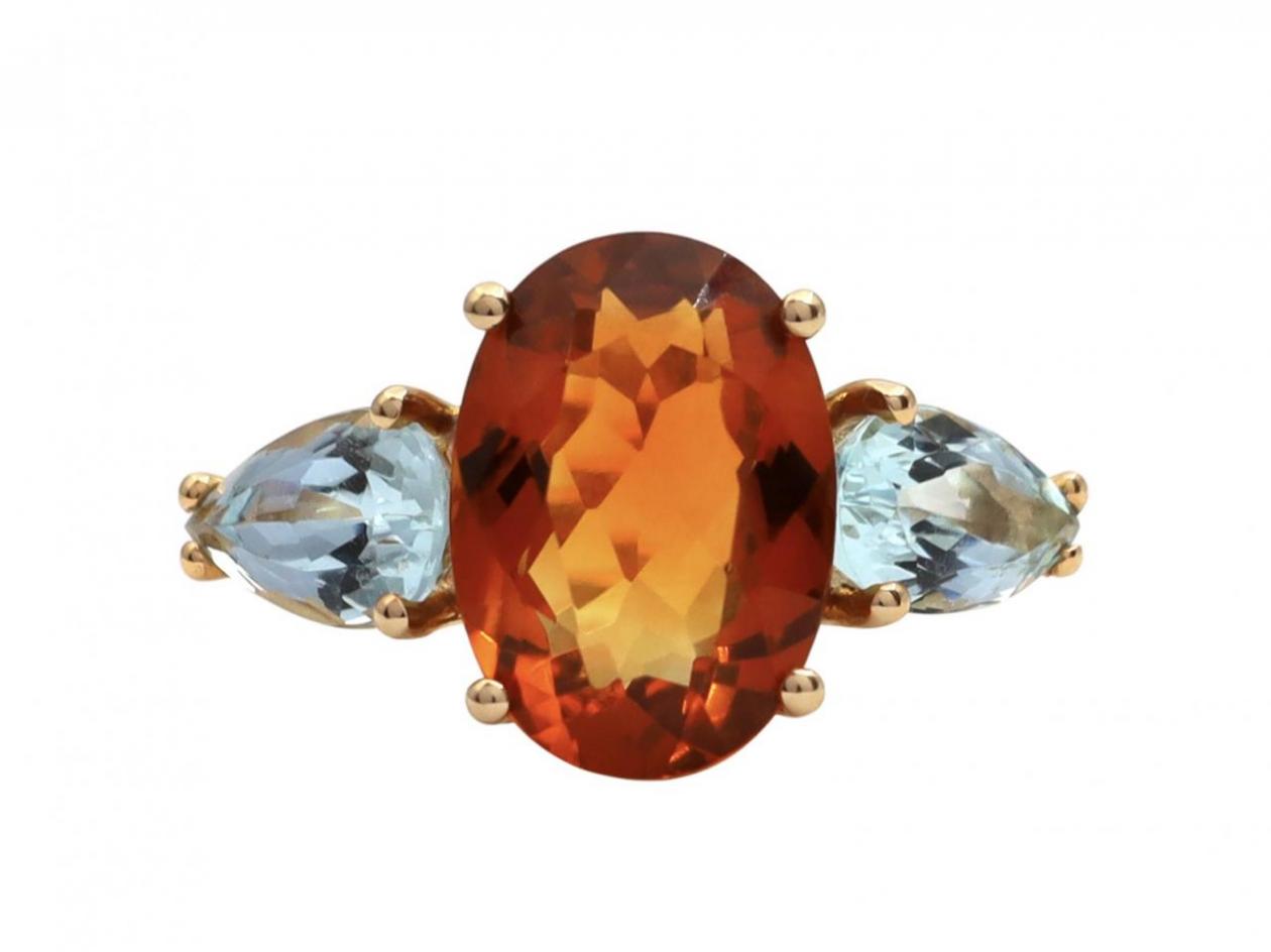 oval citrine and pear aquamarine three stone ring