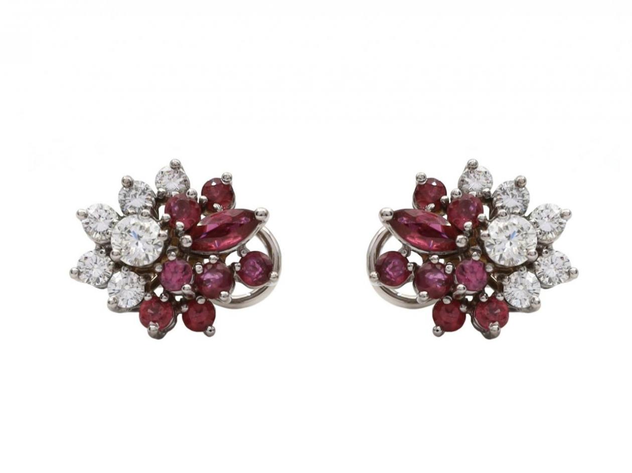 vintage diamond and ruby cluster earrings 18kt white gold