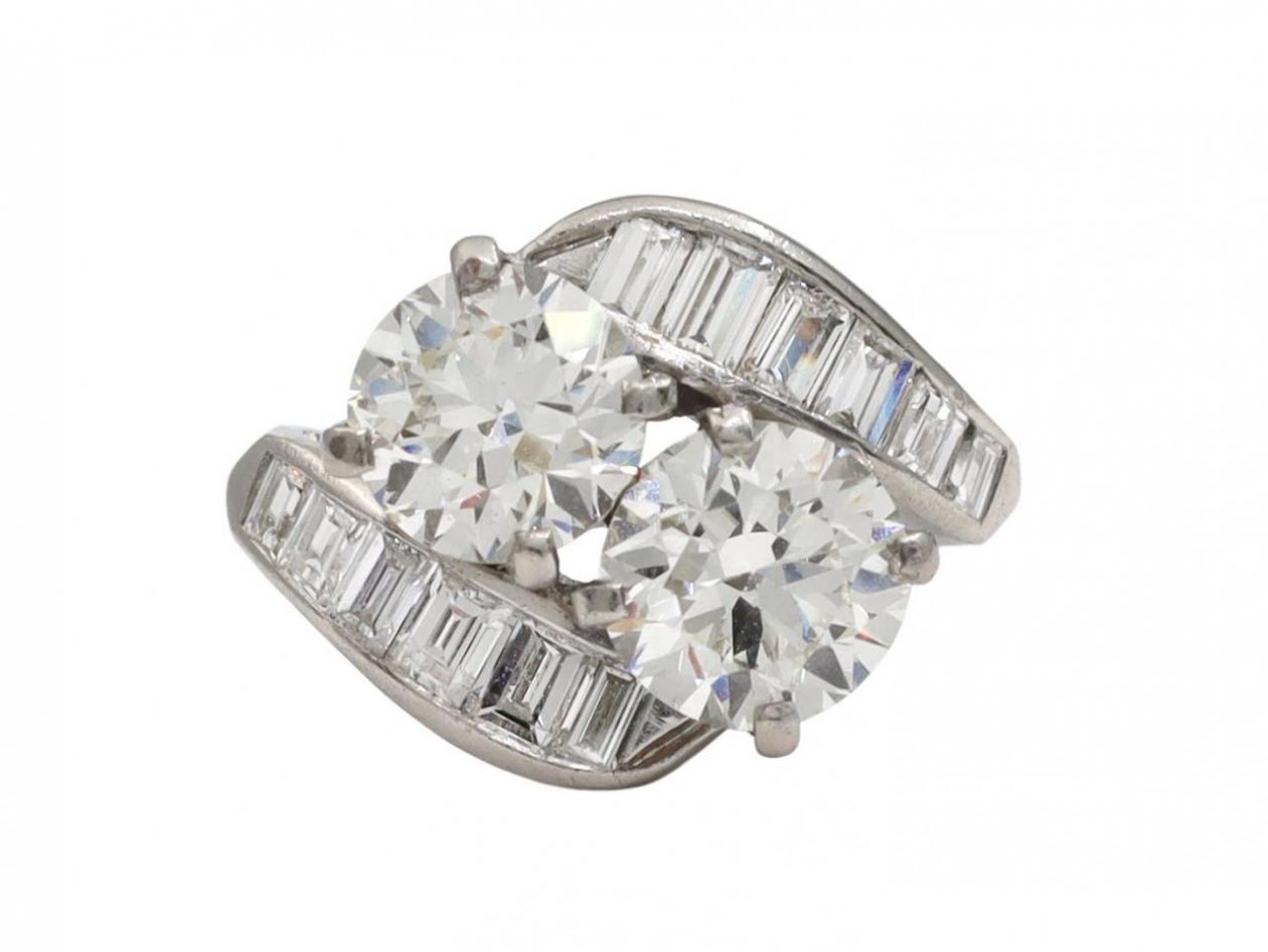 Art Deco Diamond Two Stone Twist Ring in Platinum
