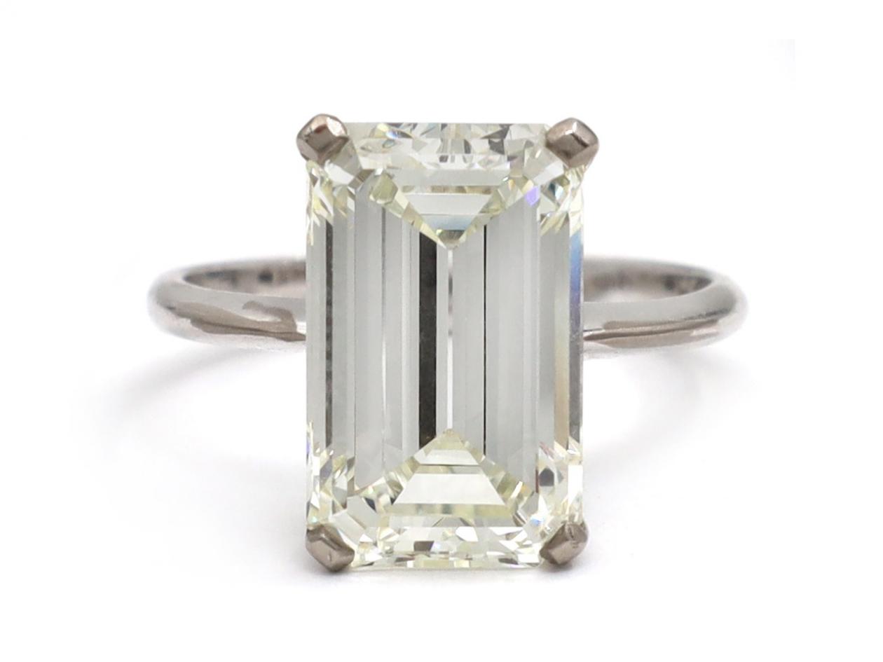 Vintage 6.00ct rectangular emerald cut diamond solitaire engagement ring in platinum