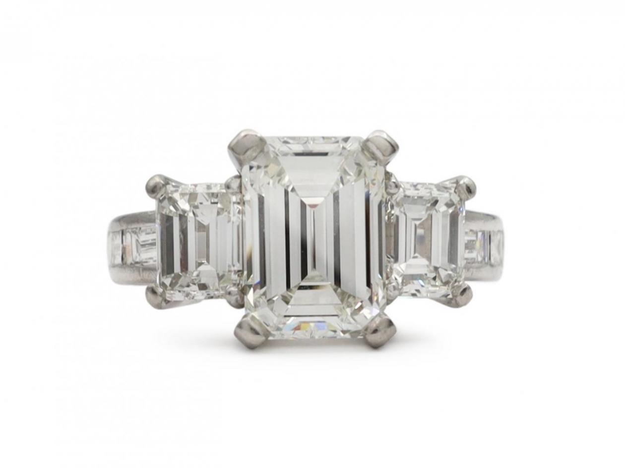 Vintage Three Stone Engagement Ring Centred with 3.01ct Emerald Cut Diamond