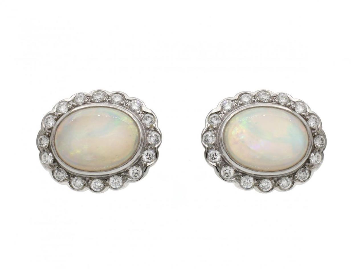 1980s opal and diamond floral cluster earrings in 18kt white gold.
