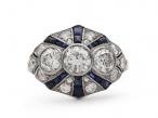 Art Deco Diamond & Calibre Sapphire Bombe Cluster Ring in Platinum