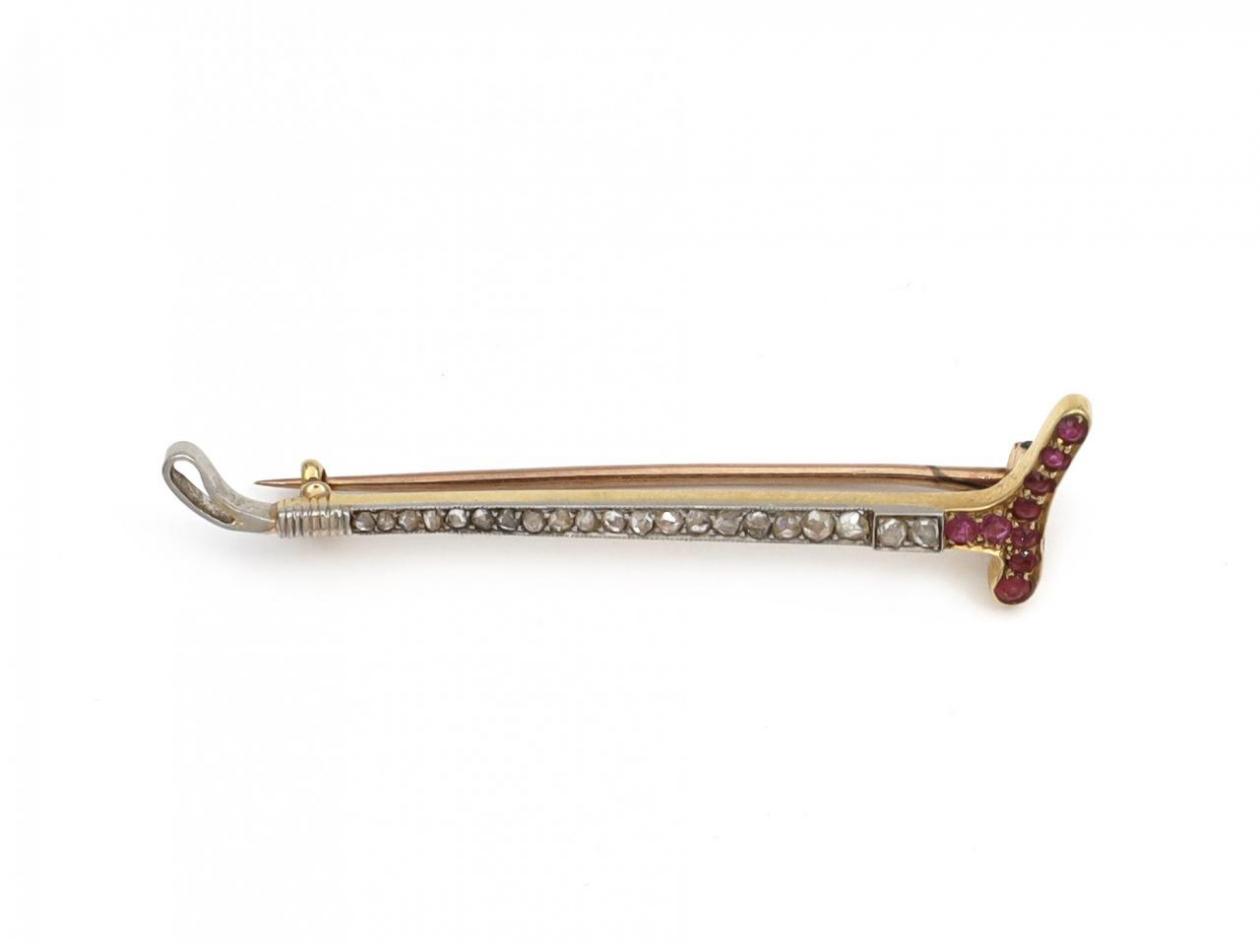 antique ruby and diamond horse riding crop bar brooch in 18kt yellow gold