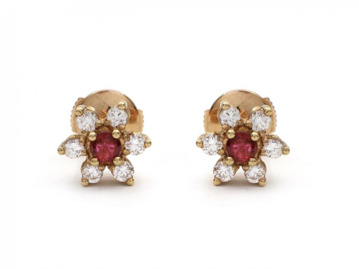 Ruby and diamond flower cluster earrings in 18kt yellow gold