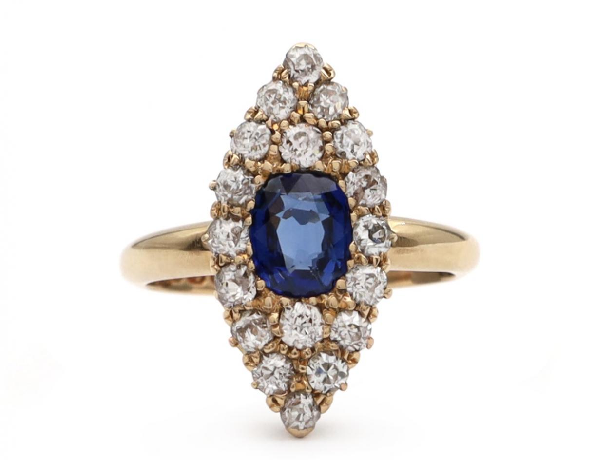 Antique Sapphire & Diamond Navette Ring in 18kt Yellow Gold