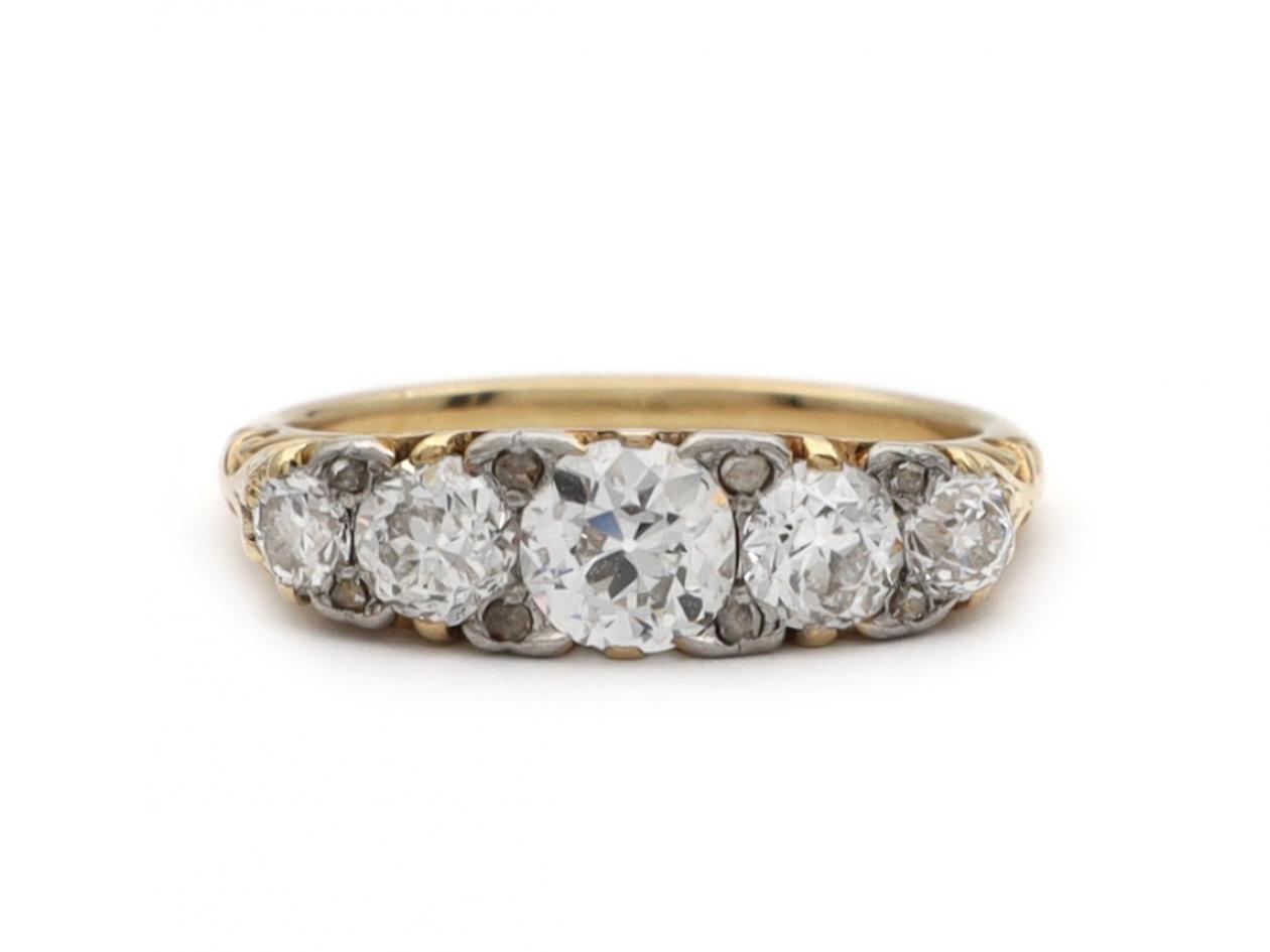 Victorian Diamond Five Stone Carved Engagement Ring in Gold