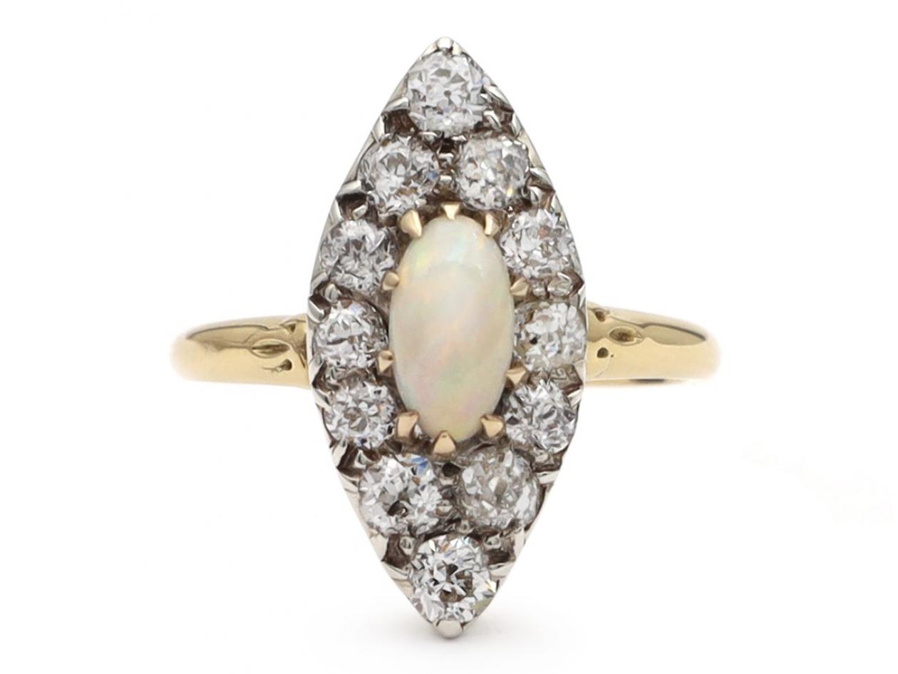 Edwardian Opal & Diamond Marquise Cluster Ring in 18kt Gold