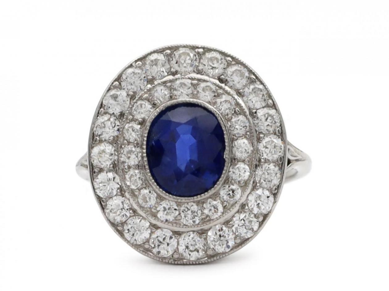 Edwardian Oval No Heat Sapphire & Diamond Double Row Cluster Ring