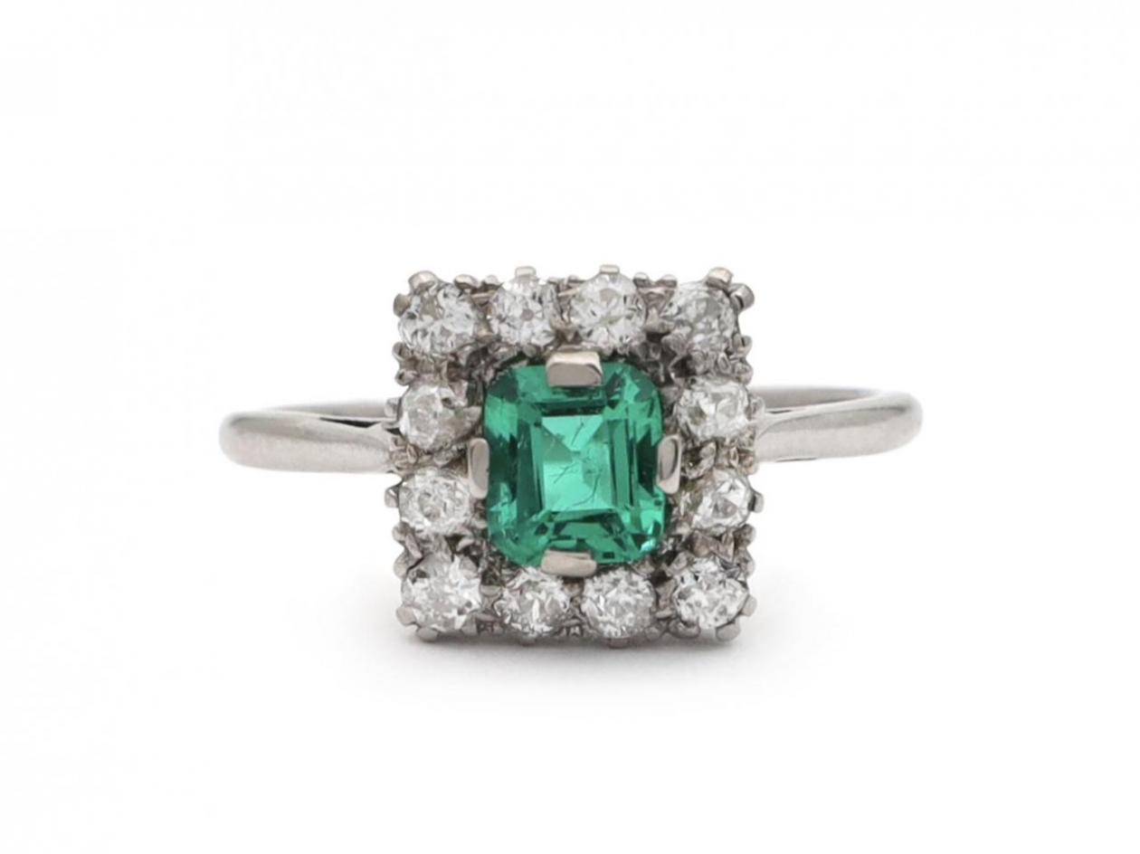 1950s Colombian Emerald & Diamond Square Cluster Ring