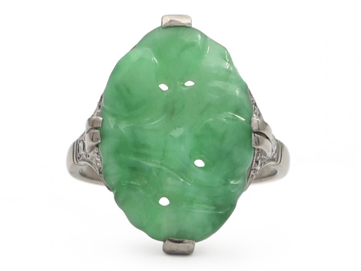 Vintage Carved Jade & Diamond Dress Ring in Platinum