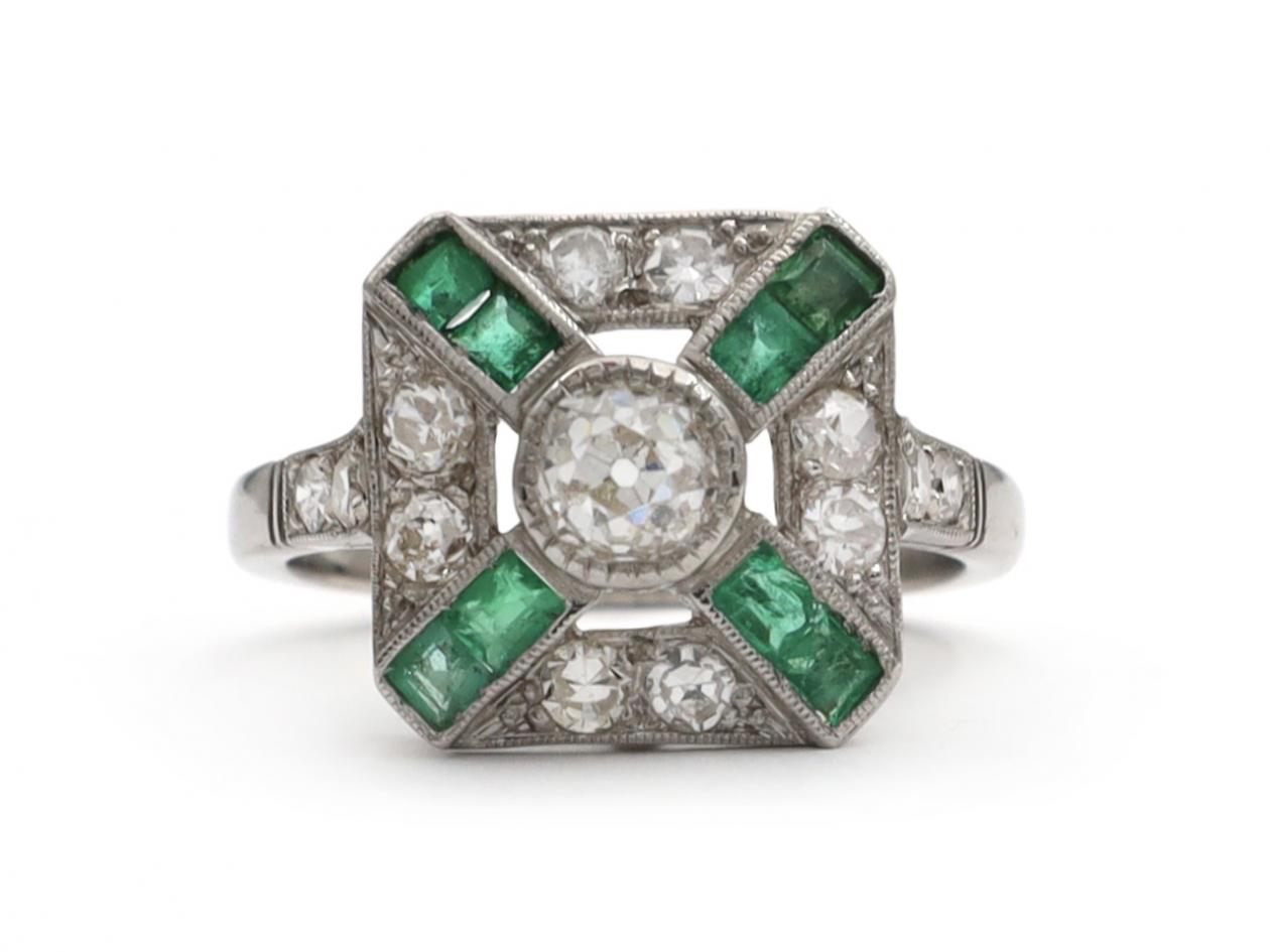 Art Deco Style Diamond and Emerald Square Cluster Ring, emerald ring, art deco ring,