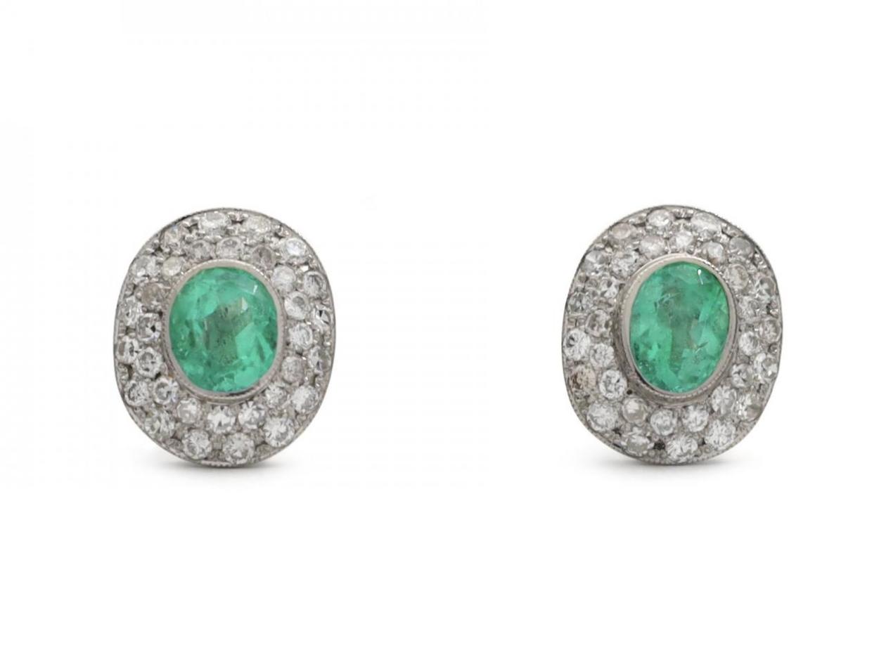 Vintage Oval Emerald & Diamond Cluster Earrings, ear studs,