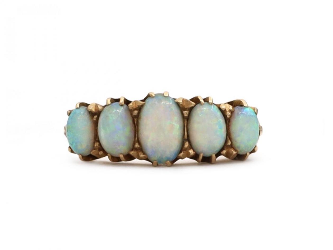 Antique Opal Five Stone Carved Ring in 18kt Yellow Gold
