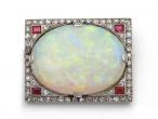 Art Deco Opal, Diamond & Ruby Rectangular Brooch
