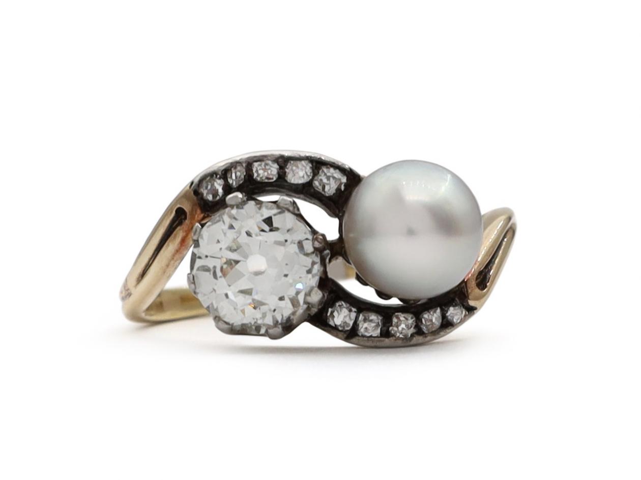 Antique Diamond & Natural Pearl 'Toi et Moi' Twist Ring