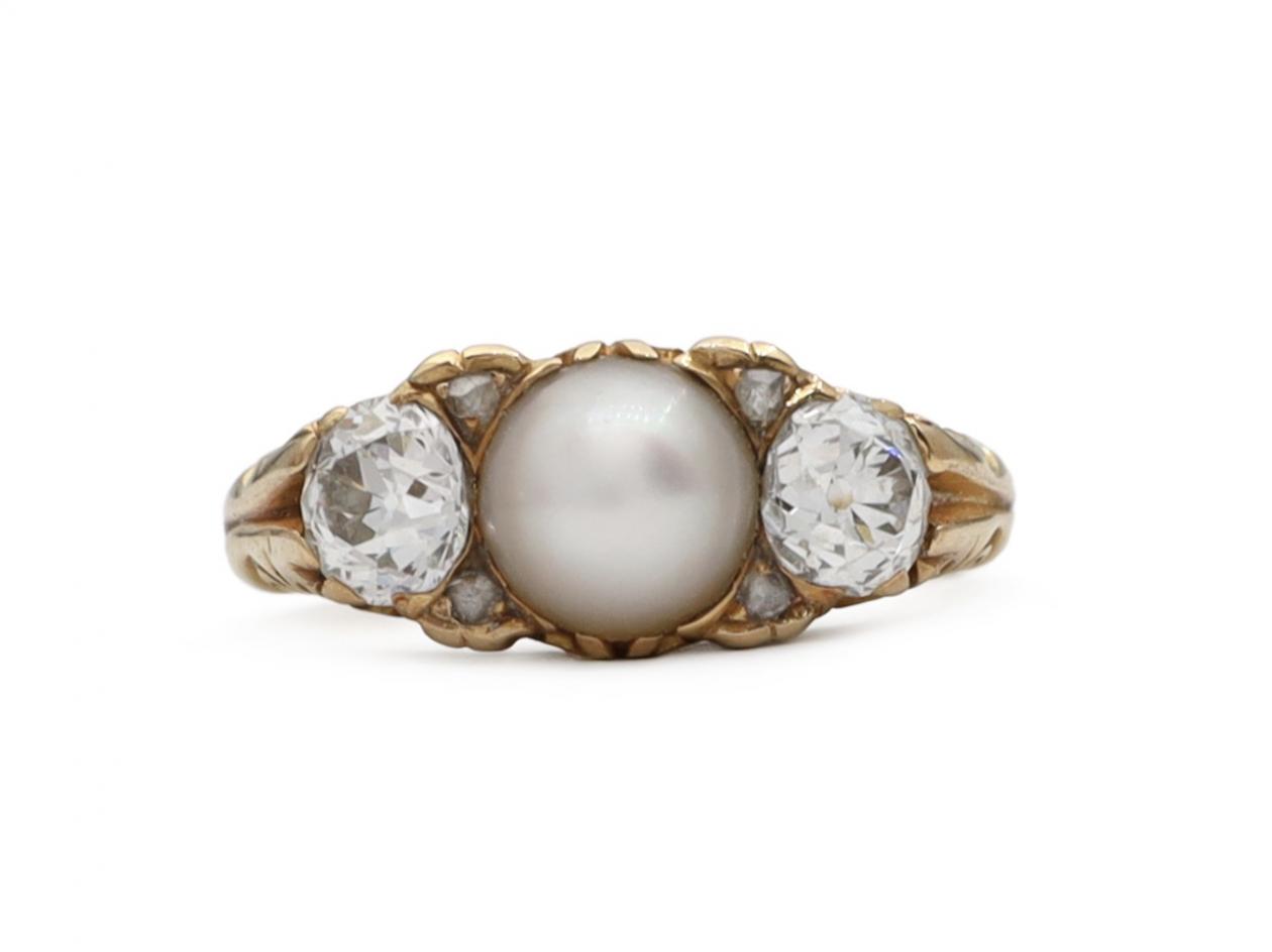 Victorian Natural Pearl & Diamond Three Stone Carved Ring in Gold