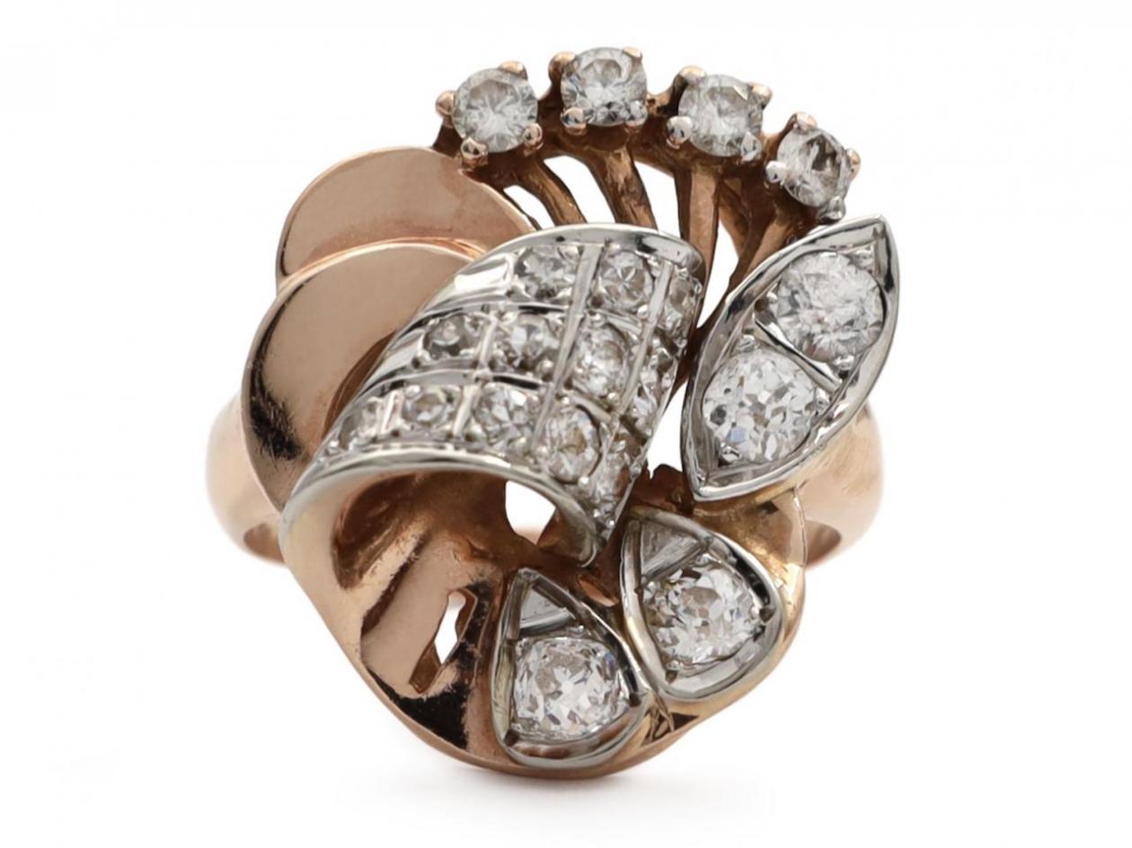 1940s Diamond Set Floral Cocktail Ring in 18kt Rose Gold
