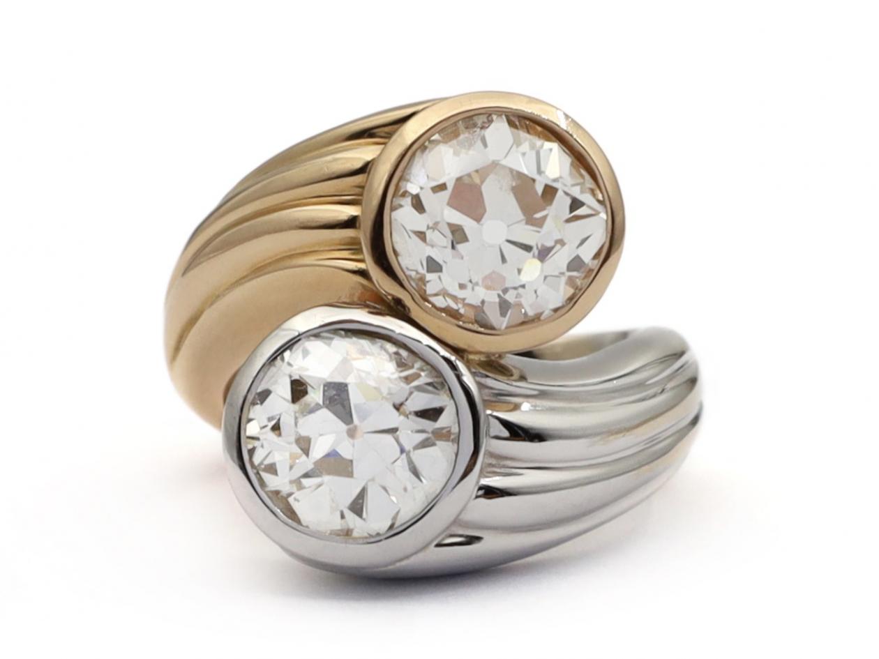 Retro Two Stone Diamond Swirl Ring in 18kt White & Yellow Gold