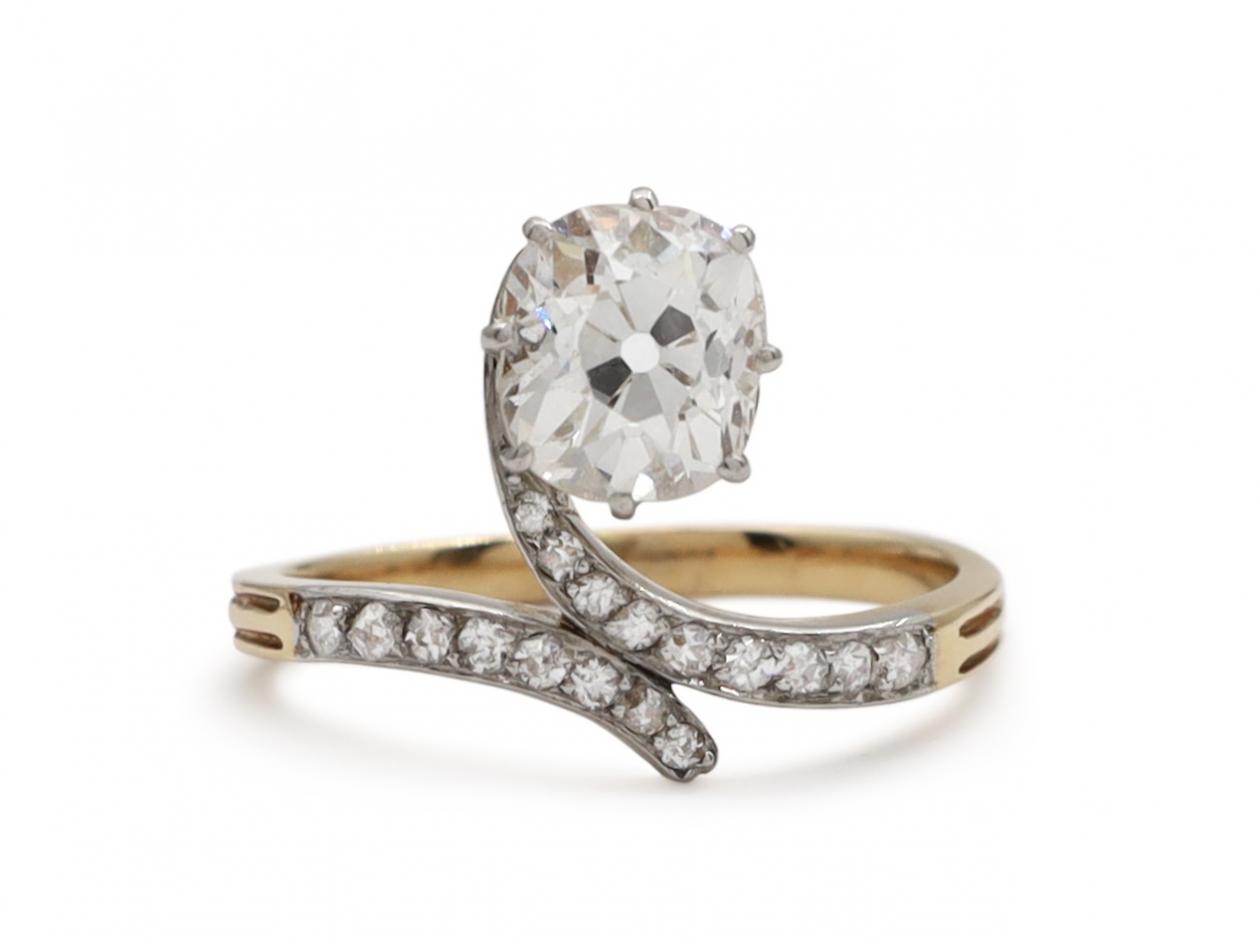 Edwardian Cushion Shape Old Mine Cut Crossover Drop Ring