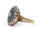 Victorian Oval Sapphire & Diamond Ring in Silver on Gold