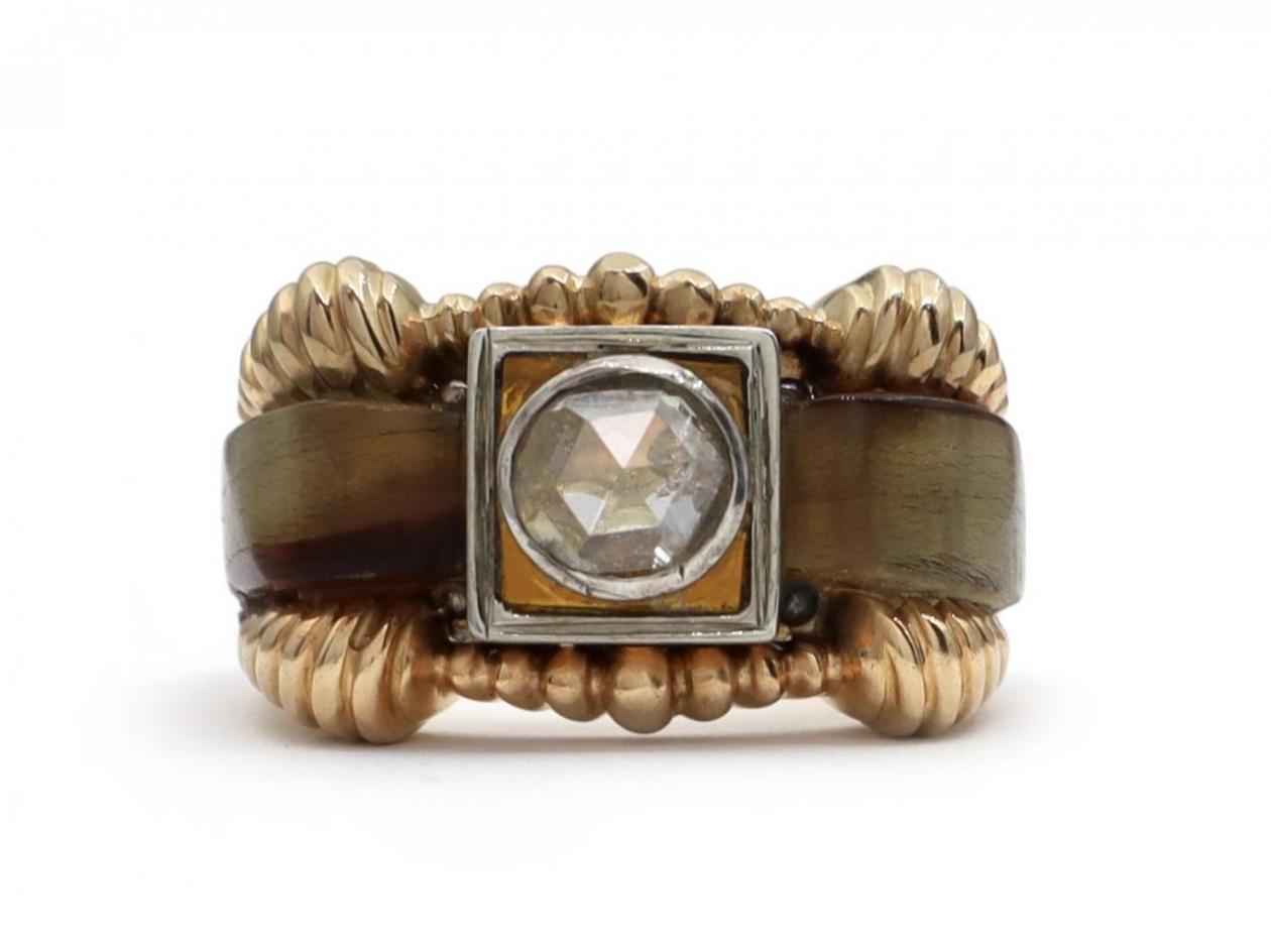1940s Rose Cut Diamond & Tortoise Shell Ring in 18kt Gold