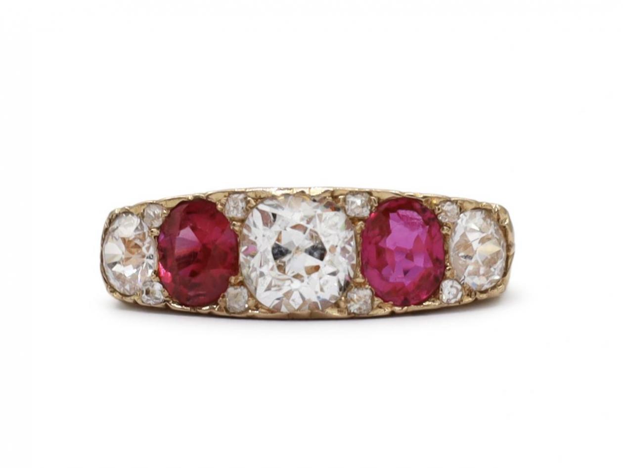 Victorian diamond and ruby five stone carved ring in 18kt gold