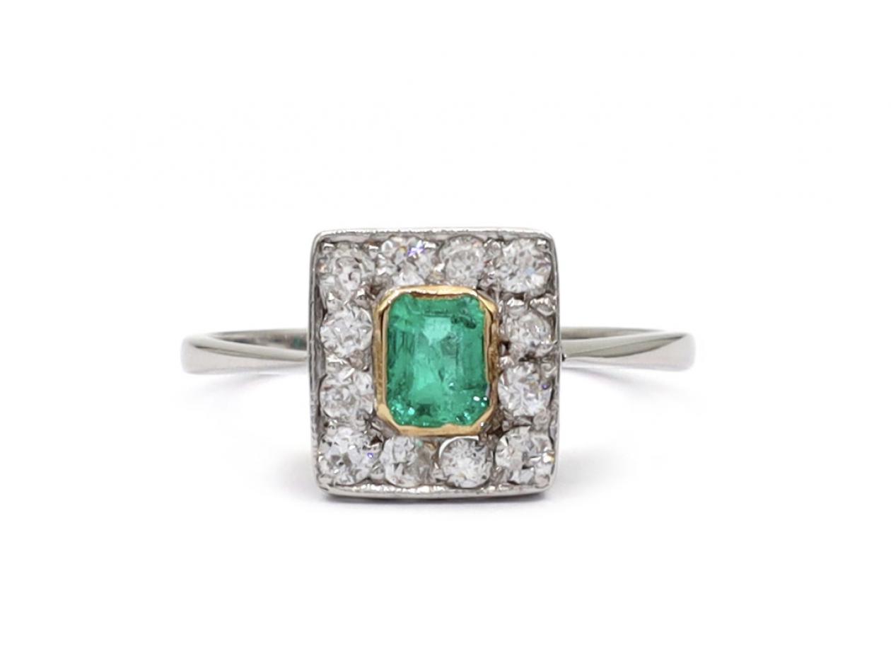 Vintage Emerald & Diamond Square Cluster Ring in Platinum