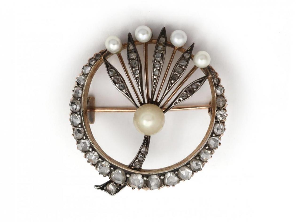 Antique Pearl & Rose Cut Diamond Circular Brooch in Yellow Gold