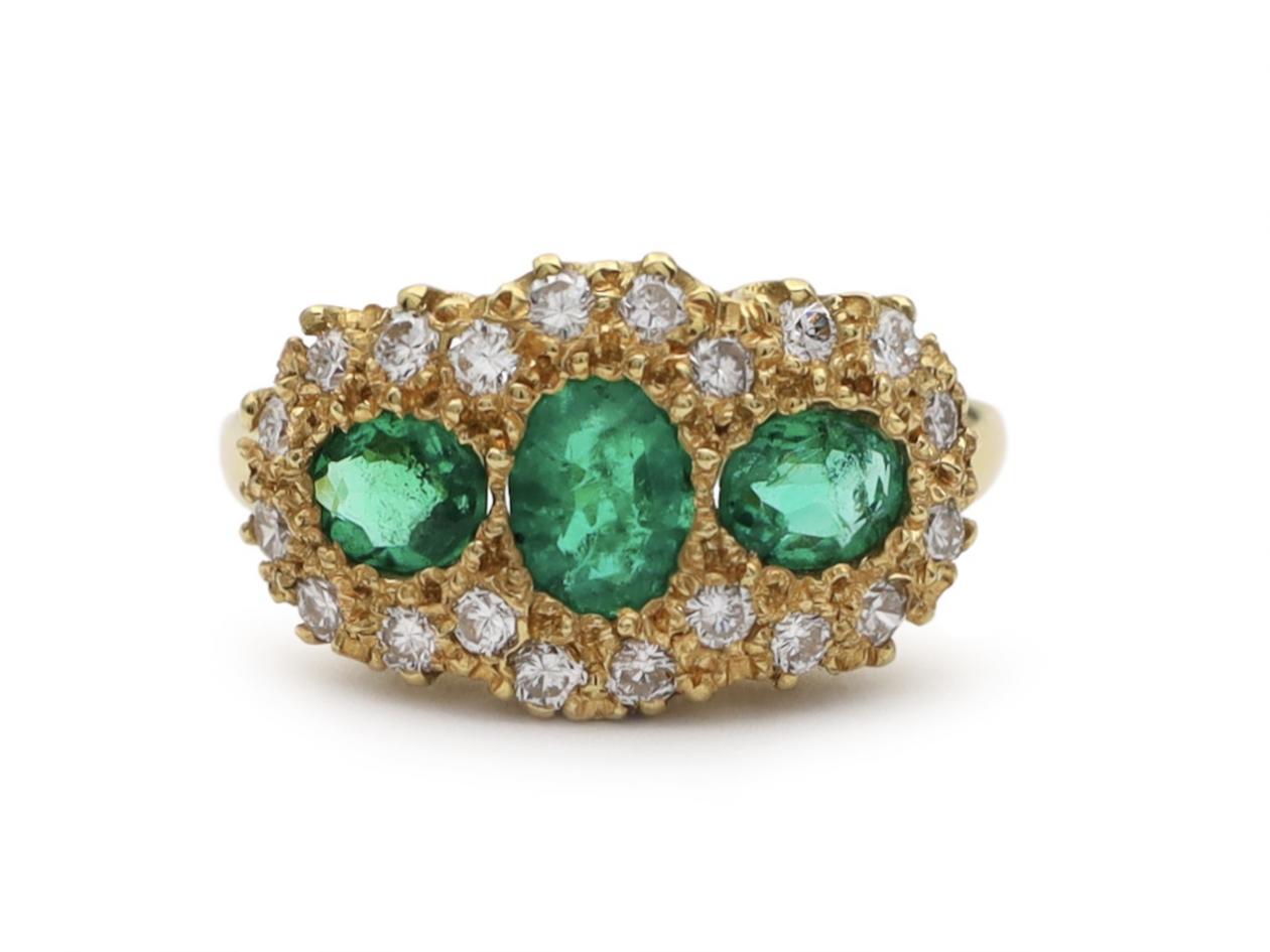 Victorian Emerald & Diamond Three Stone Cluster Ring in 18kt Yellow Gold