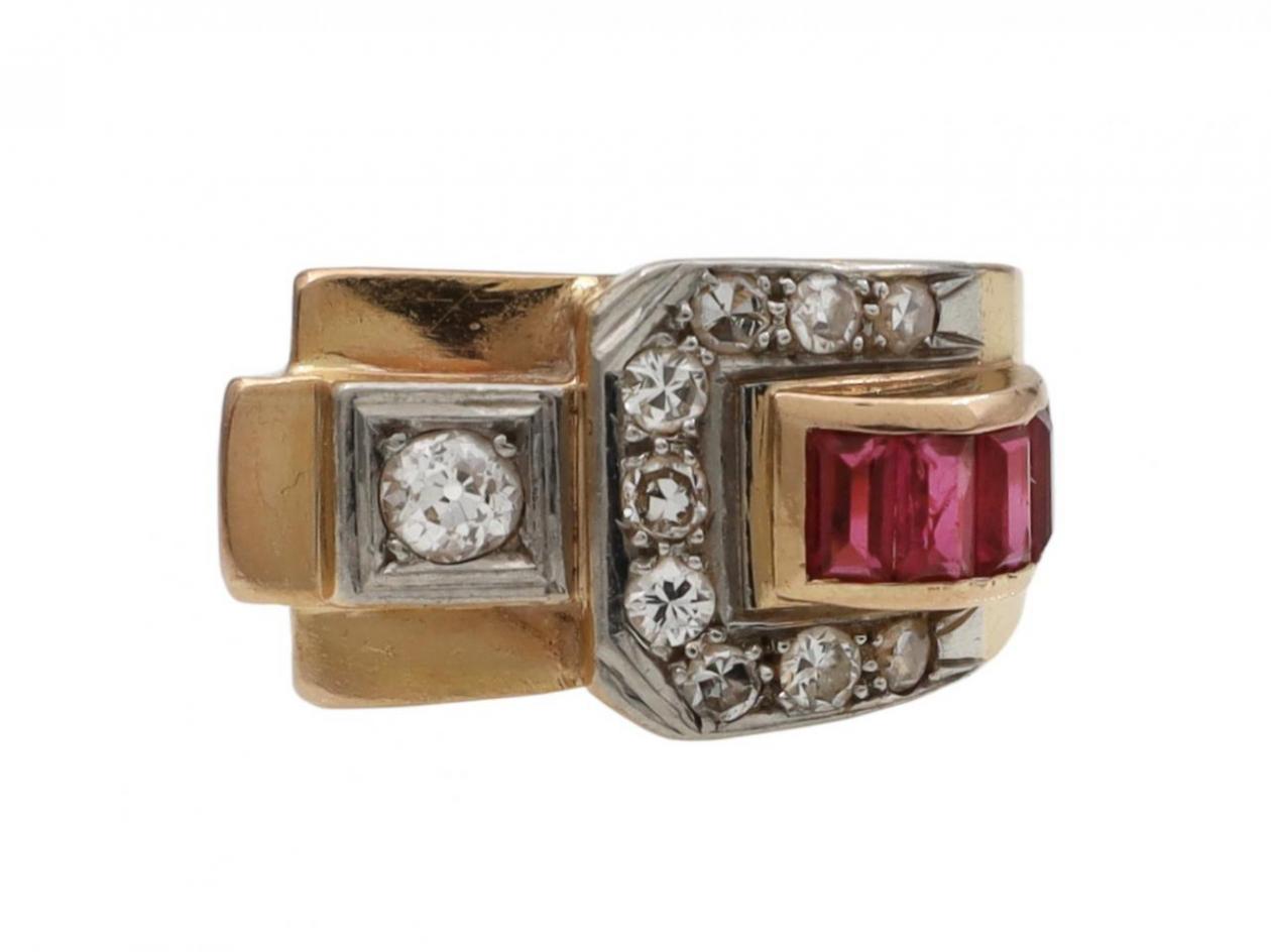 1940s Diamond & Synthetic Ruby Tank Ring in 18kt Gold