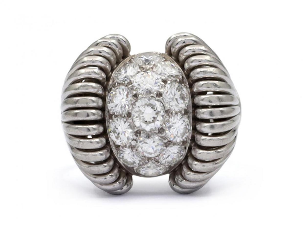 1940s French flared diamond set bombe ring in platinum
