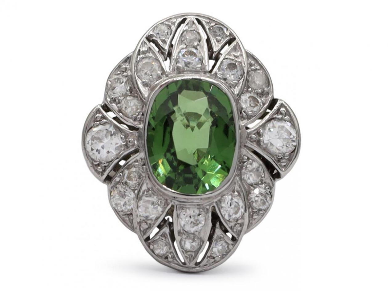 Art Deco style green tourmaline and diamond nanette cluster ring