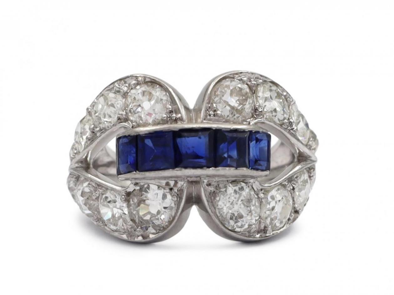 Art Deco openwork double loop ring set with sapphire and diamond