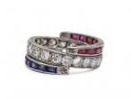 Art Deco three row diamond, ruby and sapphire flip ring in platinum