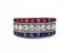 Art Deco three row diamond, ruby and sapphire flip ring in platinum