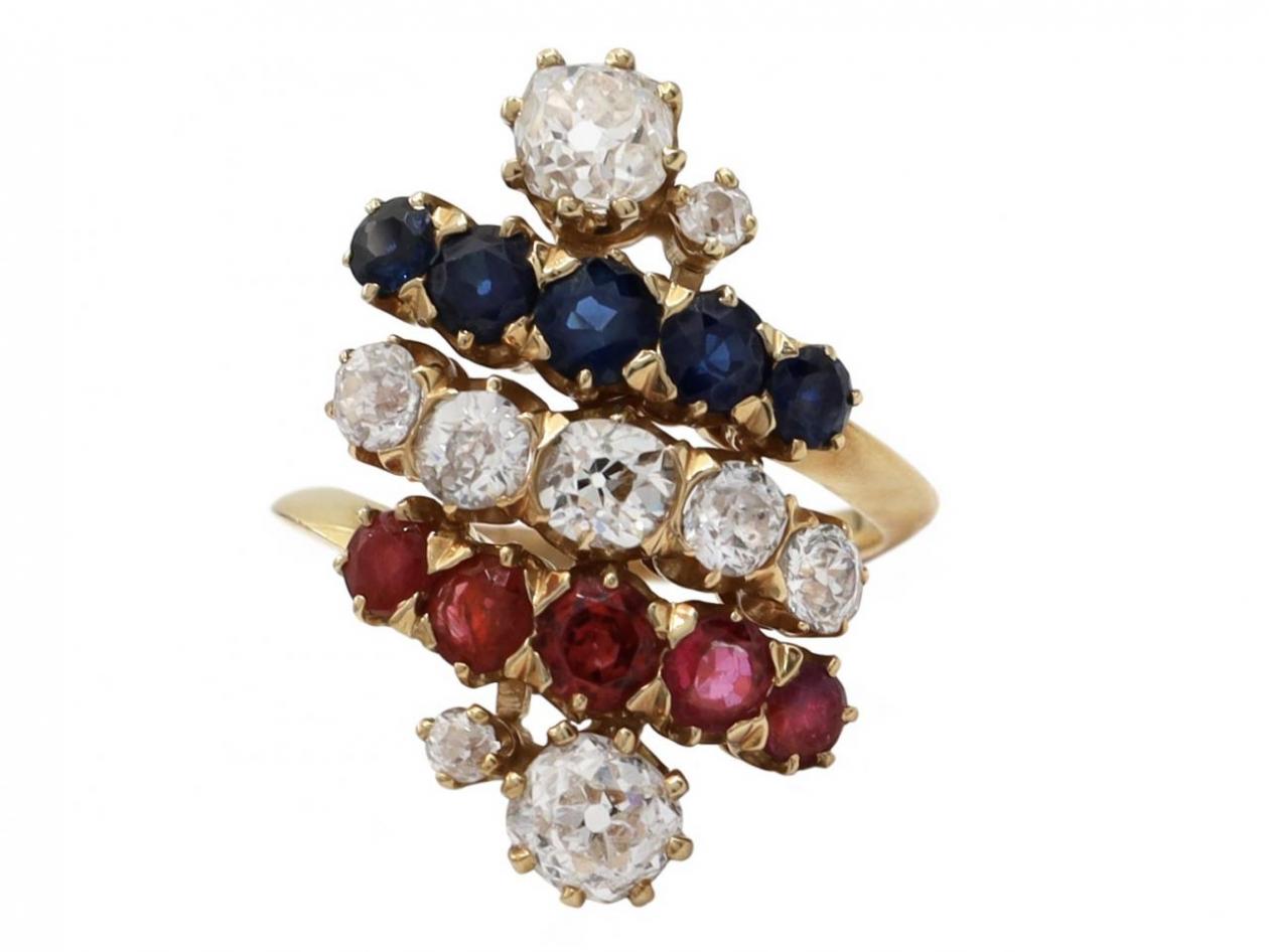 Retro Old Mine cut diamond, sapphire and ruby cluster ring in gold