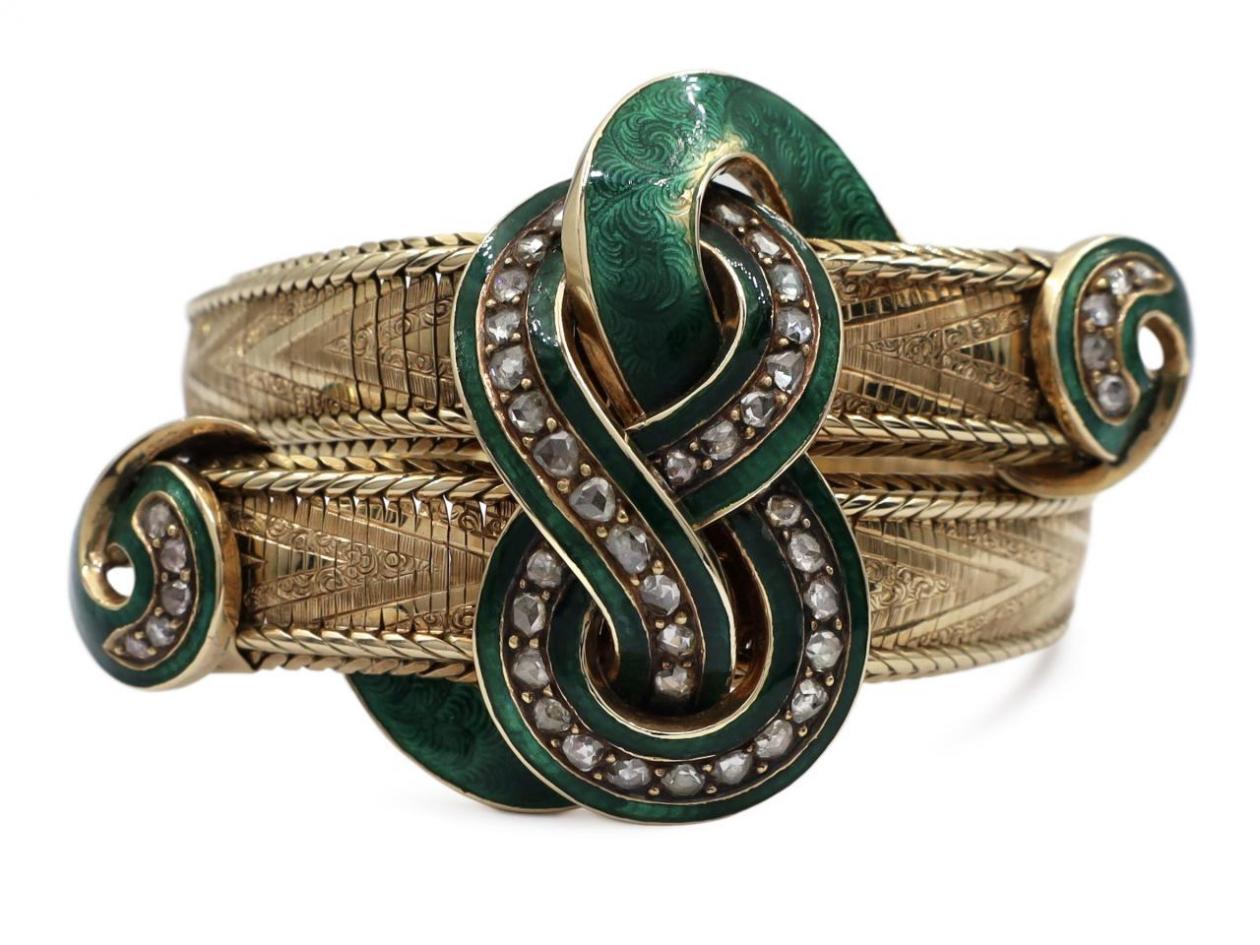 Victorian diamond and fine green guilloché enamel in yellow gold