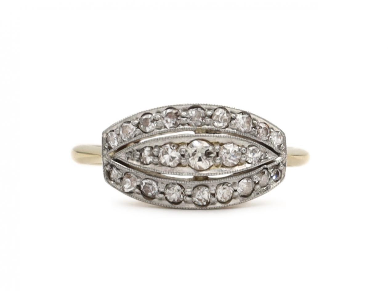 1920s diamond horizontal shield ring in platinum on gold