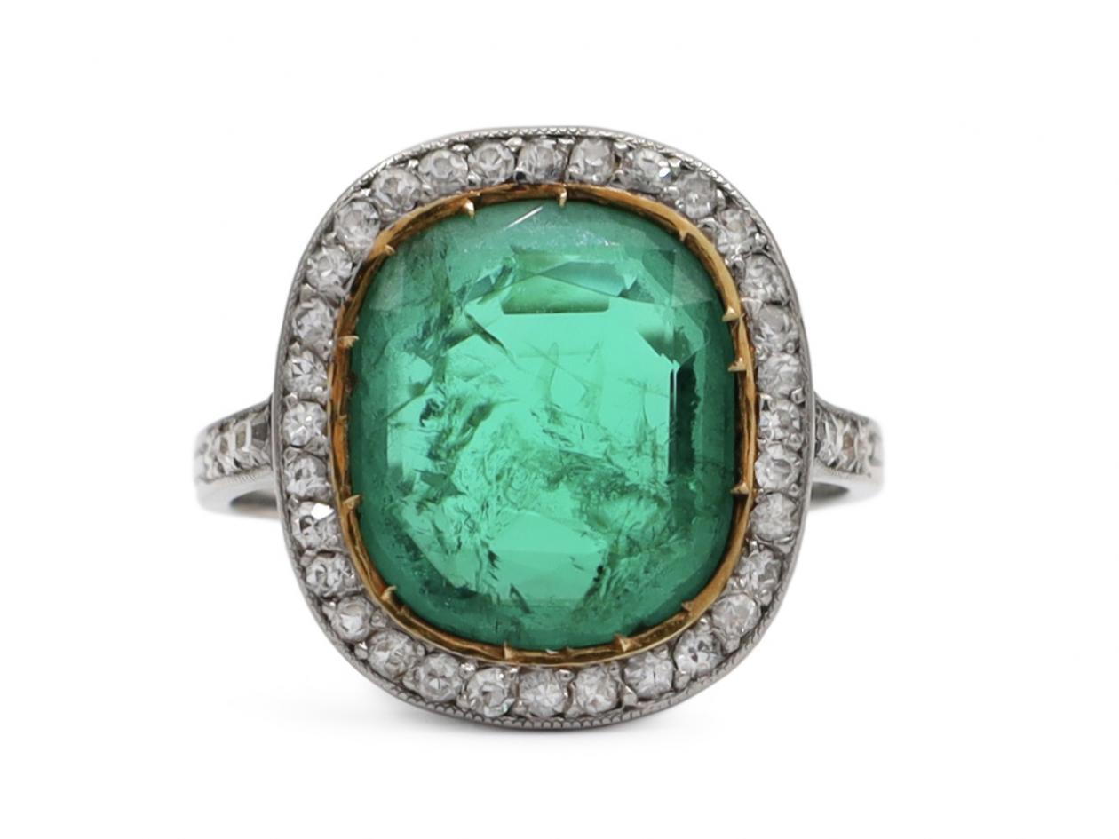 Belle Epoque Colombian emerald and diamond cluster ring in platinum