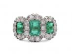 Victorian style emerald and diamond three stone cluster ring