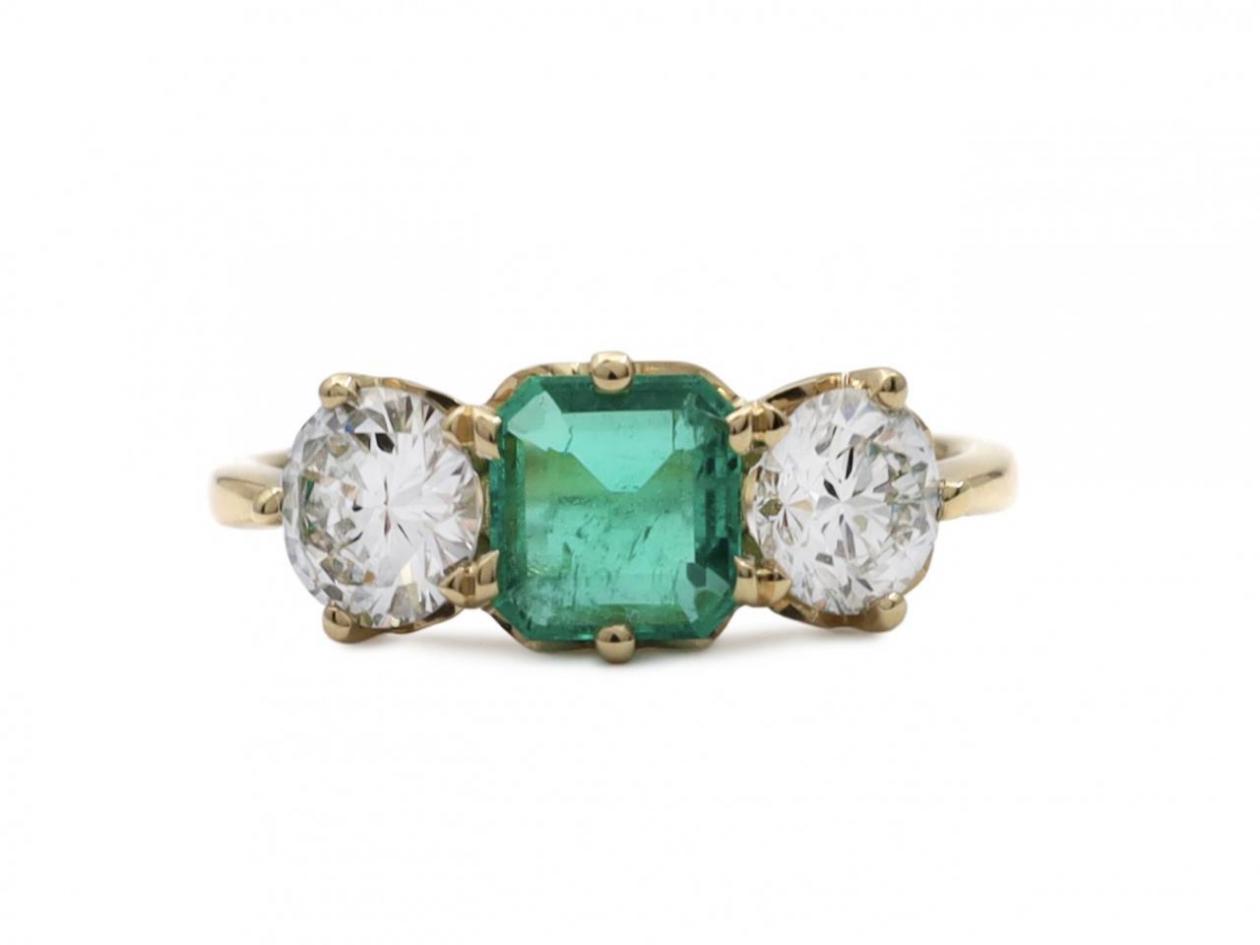 Vintage emerald and diamond three stone ring in 18kt yellow gold