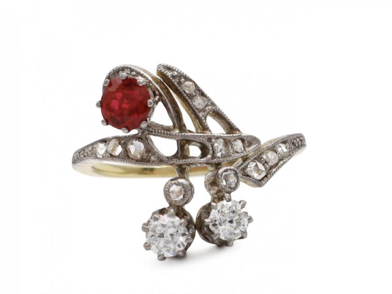 Edwardian ruby and diamond spray ring in platinum on 18kt yellow gold