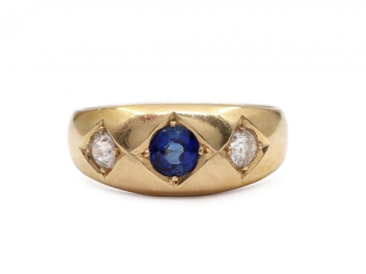 Antique 1912 sapphire and diamond three stone gypsy ring