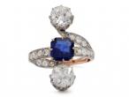 Edwardian sapphire and diamond vertical three stone ring in gold