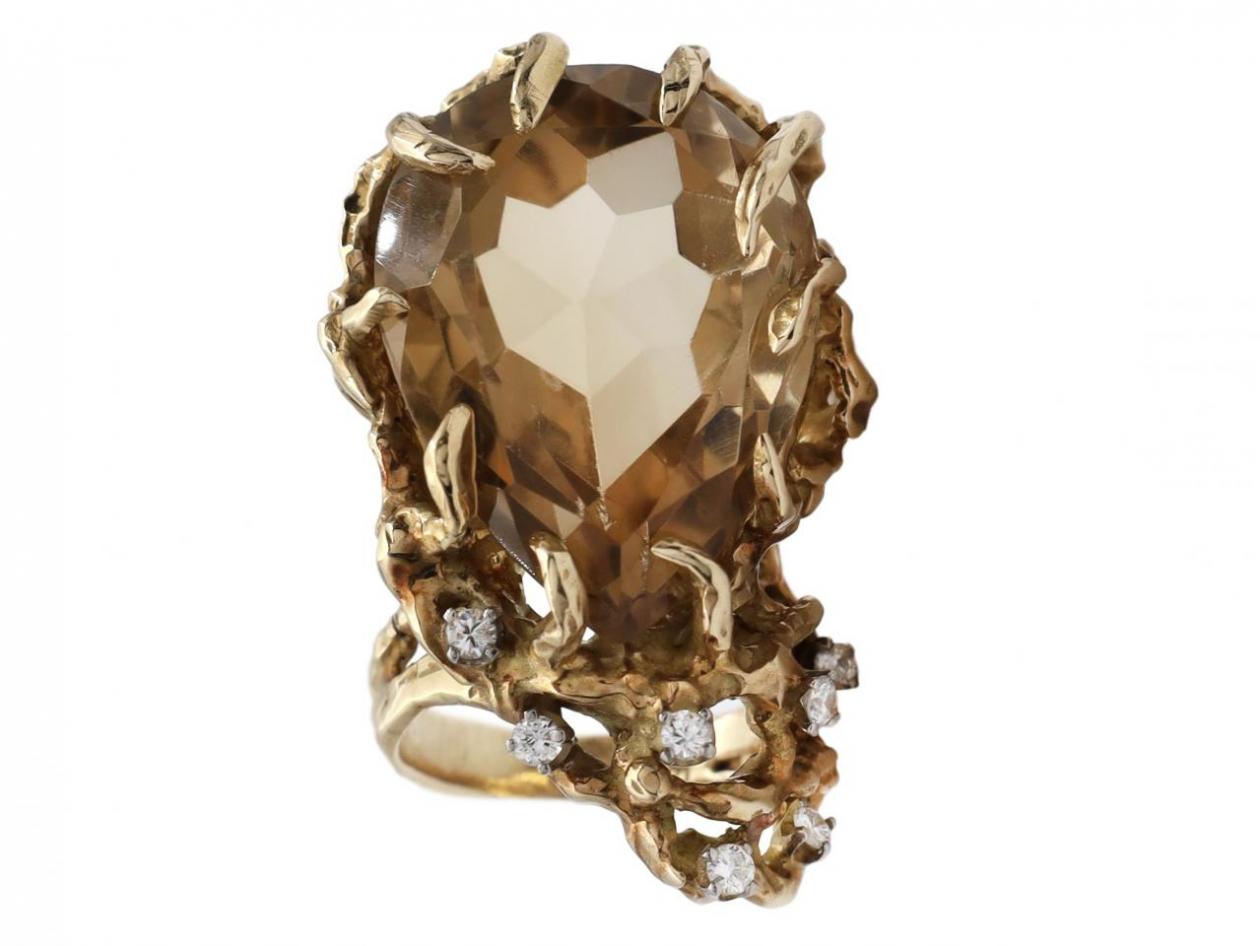 Brutalist pear shape citrine and diamond cocktail ring in 14kt gold