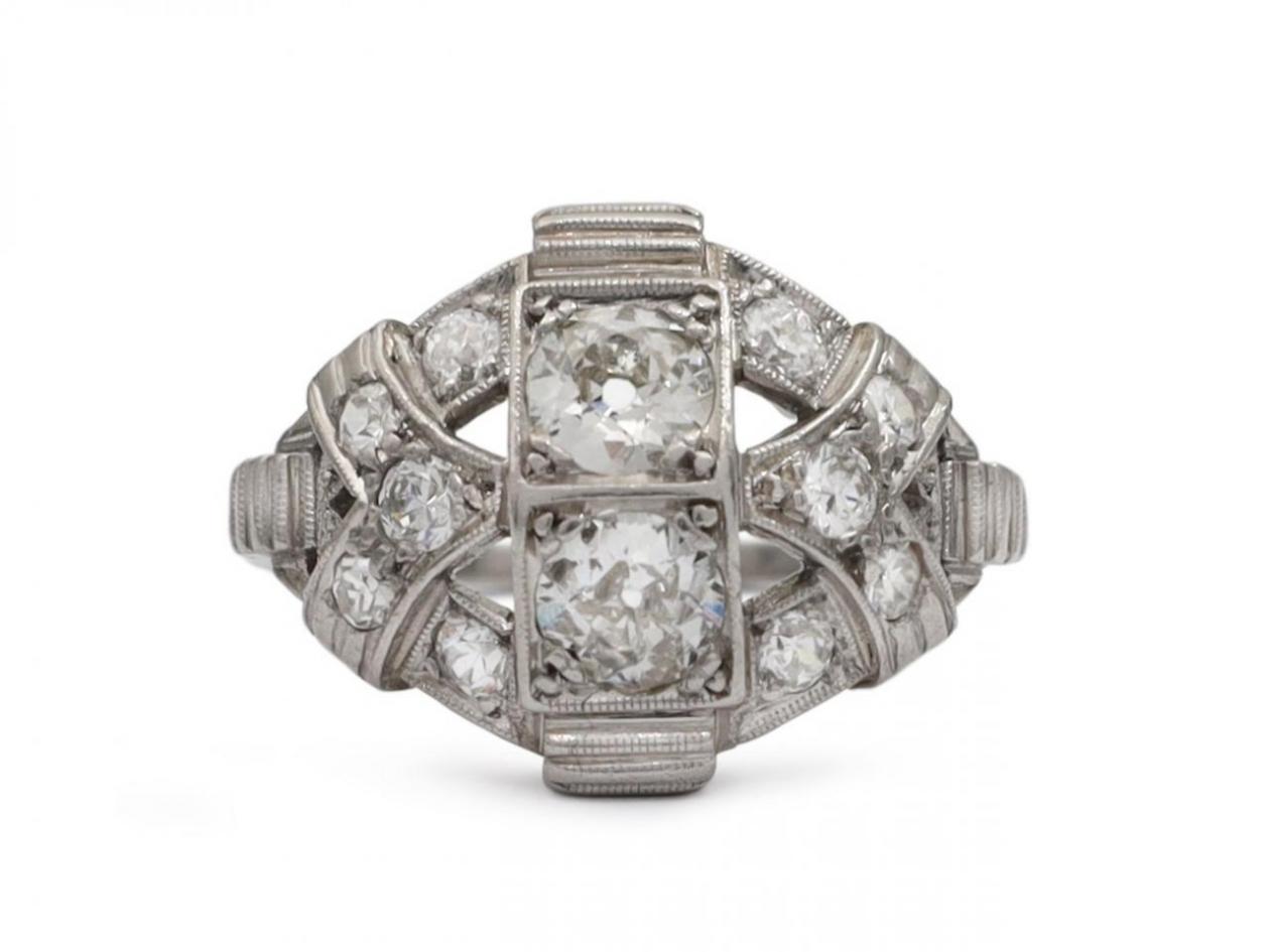 Art Deco diamond openwork bombe cluster ring in platinum
