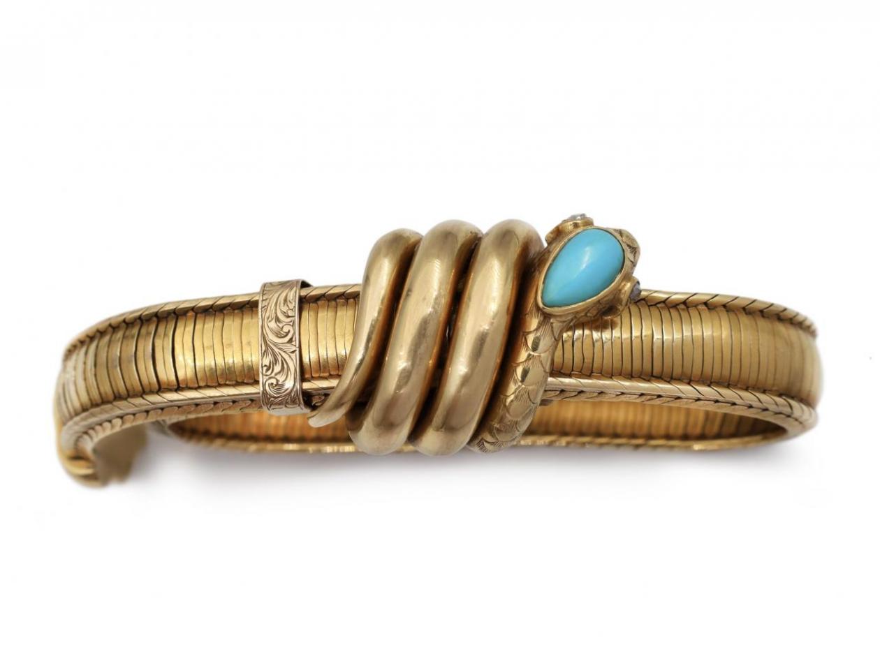 Victorian Persian turquoise, diamond and 18kt gold serpent bracelet